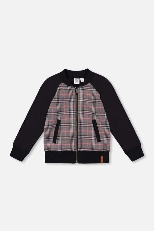 Bi-Material Zip Front Jacket Gray And Black Plaid - H20OB30_000