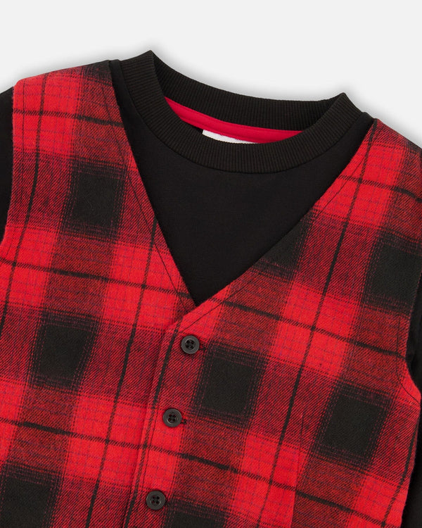 T-Shirt With Plaid Vest Red And Black - H20OB66_085