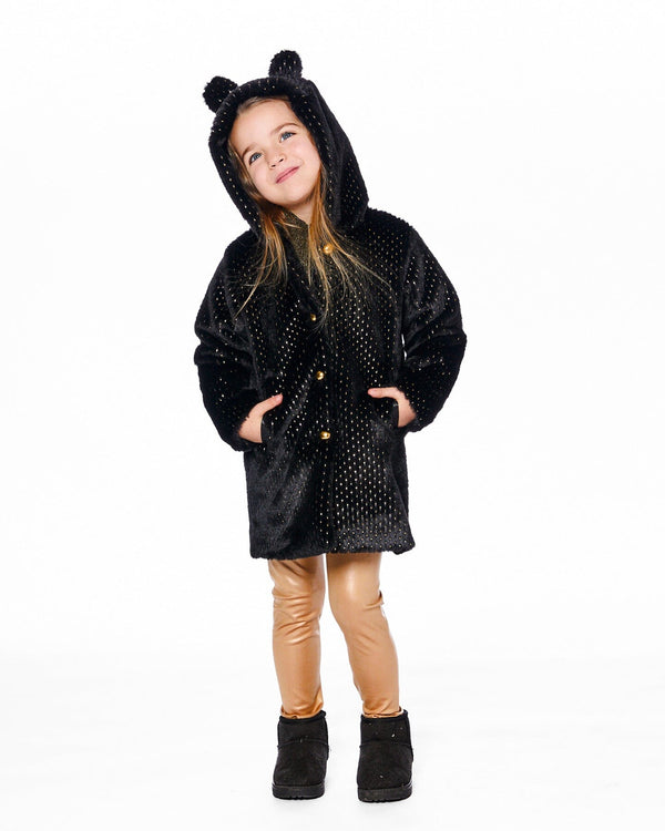 Bear Faux Fur Coat Black With Gold Polka Dots - H20OG51_999