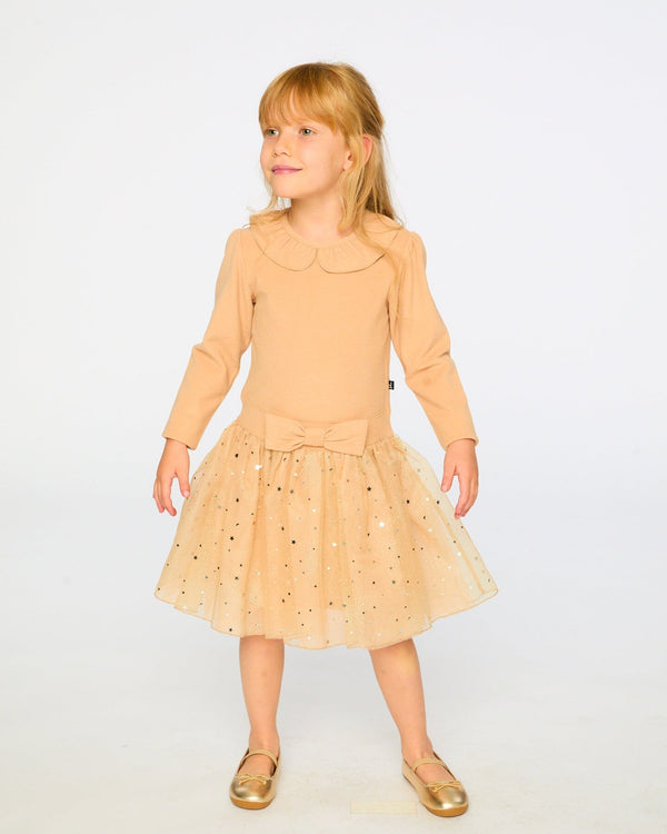 Bi-Material Dress With Glittering Skirt Beige Dresses Deux par Deux