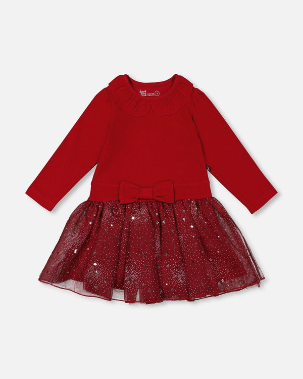 Bi-Material Dress With Glittering Skirt Red - H20OG86_749