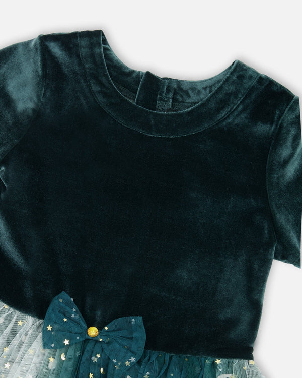 Bi-Material Short Sleeve Party Dress Forest Green - H20OG88_393