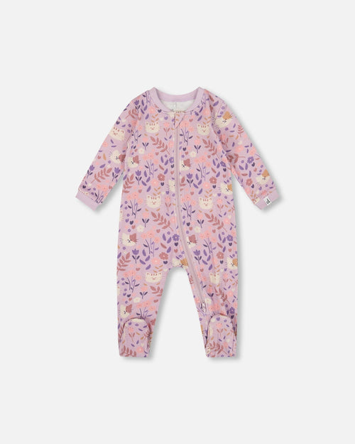 One-Piece Organic Cotton Pajama Lilac Cat Print - H20PA40US_008