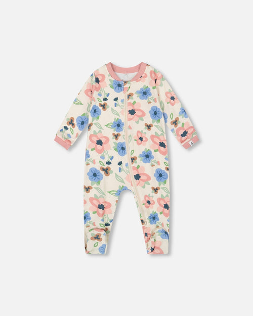 One-Piece Organic Cotton Pajama Off-White Flower Print - H20PA40US_009