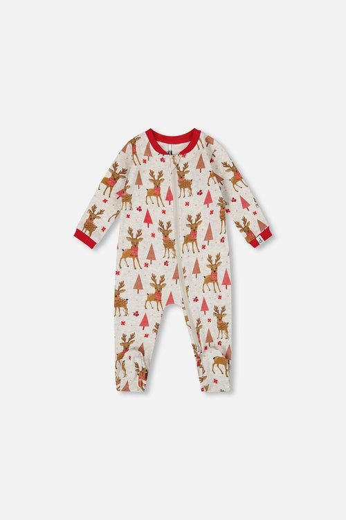 One-Piece Organic Cotton Pajama Beige Girly Reindeer Print - H20PA40US_041