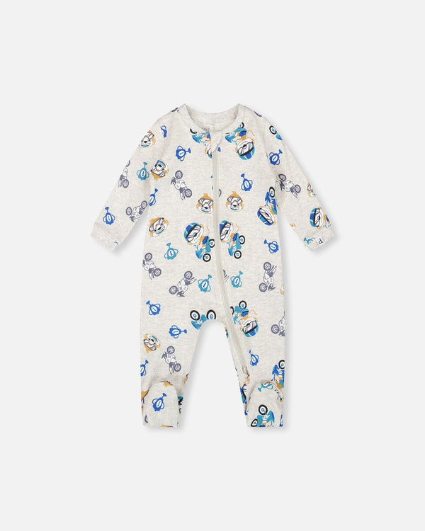 One-Piece Organic Cotton Pajama Beige Monkey Print - H20PA40US_063