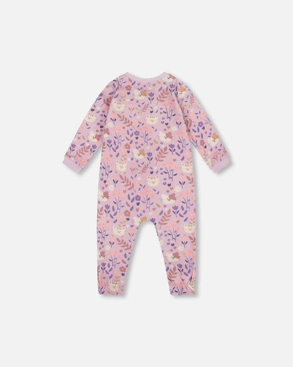 One-Piece Organic Cotton Pajama Lilac Cat Print - H20PA40_008