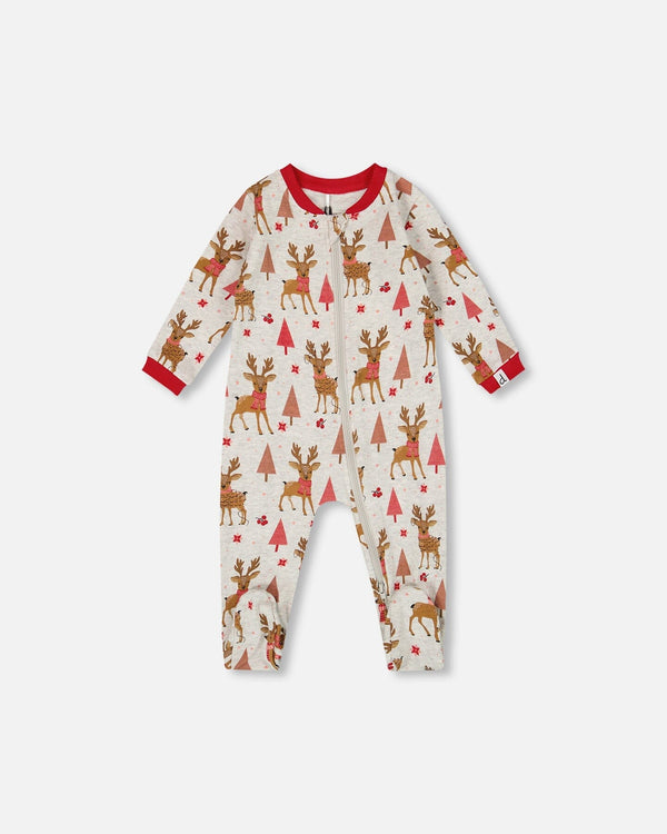 One-Piece Organic Cotton Pajama Beige Girly Reindeer Print - H20PA40_041