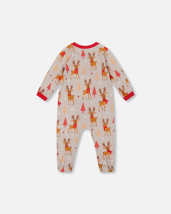 One-Piece Organic Cotton Pajama Beige Reindeer Print - H20PA40_068