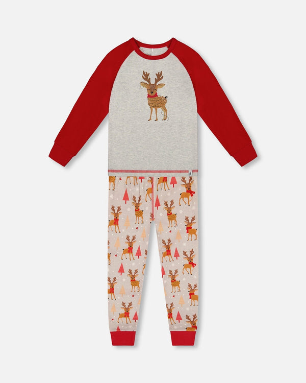 Two-Piece Organic Cotton Pajama Set Beige Reindeer Print - H20PB10US_068