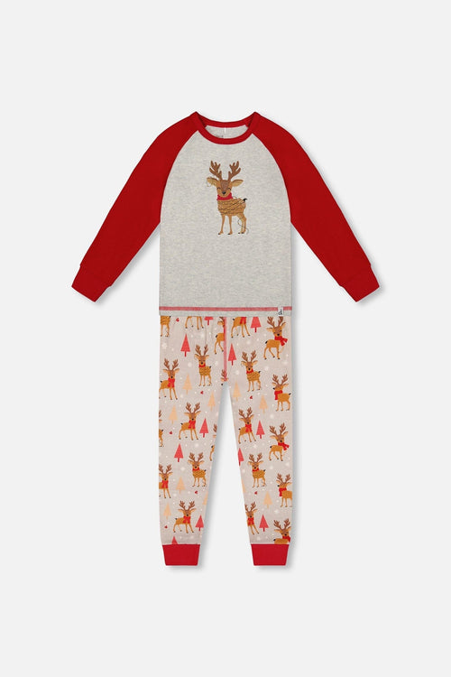 Two-Piece Organic Cotton Pajama Set Beige Reindeer Print - H20PB10US_068