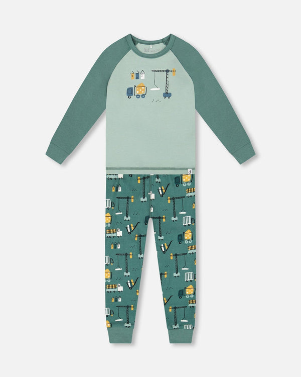 Two-Piece Organic Cotton Pajama Set Teal Construction Print - H20PB10_065