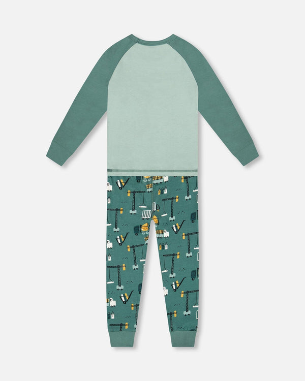 Two-Piece Organic Cotton Pajama Set Teal Construction Print - H20PB10_065