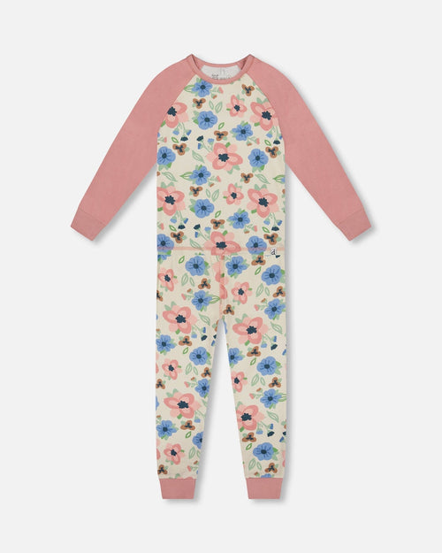 Organic Cotton Two-Piece Pajamas Off-White Flower Print - H20PG10US_009