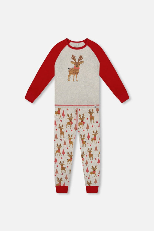 Organic Cotton Two-Piece Pajamas Beige Girly Reindeer Print - H20PG10US_041