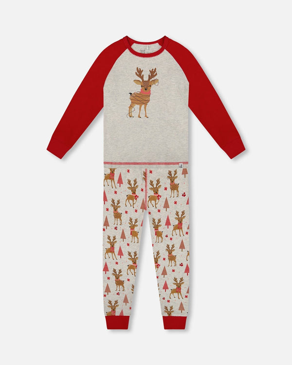 Organic Cotton Two-Piece Pajamas Beige Girly Reindeer Print - H20PG10_041