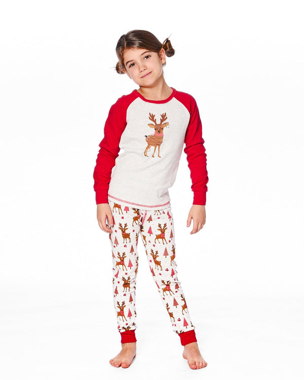 Organic Cotton Two-Piece Pajamas Beige Girly Reindeer Print - H20PG10_041