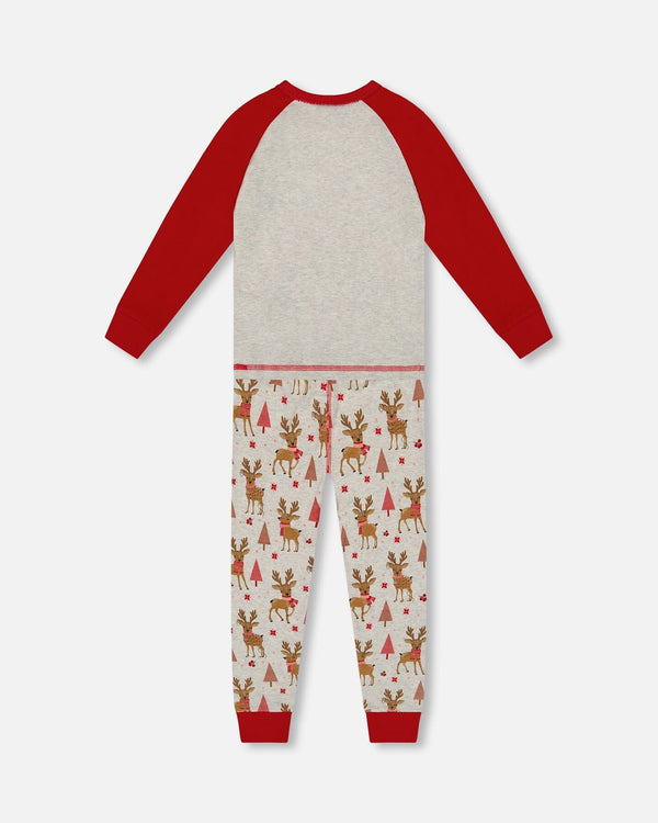 Organic Cotton Two-Piece Pajamas Beige Girly Reindeer Print - H20PG10_041