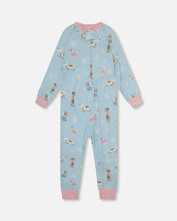 Organic Cotton Interlock One-Piece Pajama Blue Dog Print - H20PG40_039