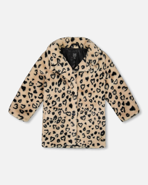 Printed Fake Fur Long Coat Black And Beige Leopard - H20Q53_000