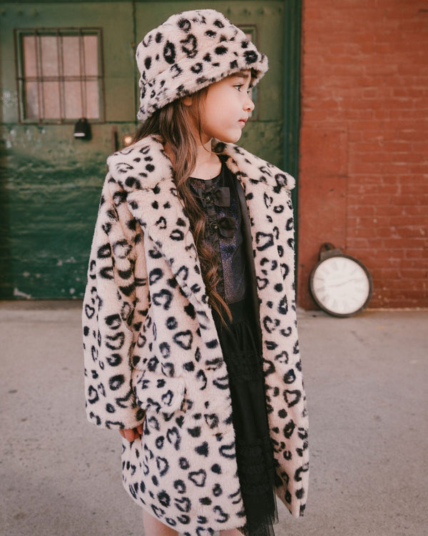 Printed Fake Fur Long Coat Black And Beige Leopard - H20Q53_000