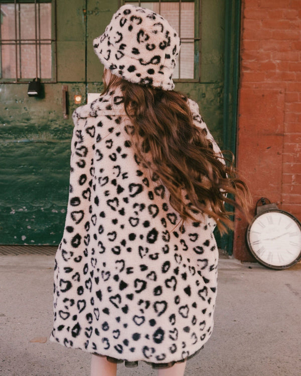 Printed Fake Fur Long Coat Black And Beige Leopard - H20Q53_000