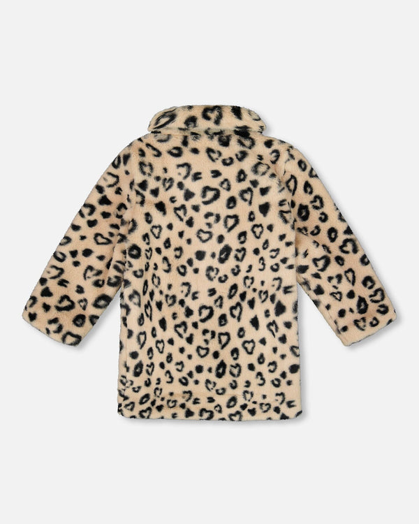 Printed Fake Fur Long Coat Black And Beige Leopard - H20Q53_000
