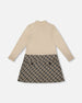 Long Sleeve Bi-Material Mock Neck Dress Beige And Plaid - H20Q87_193