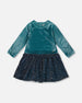 Long Sleeve Bi-Material Velvet And Pleated Mesh Dress Teal Blue - H20Q88_426