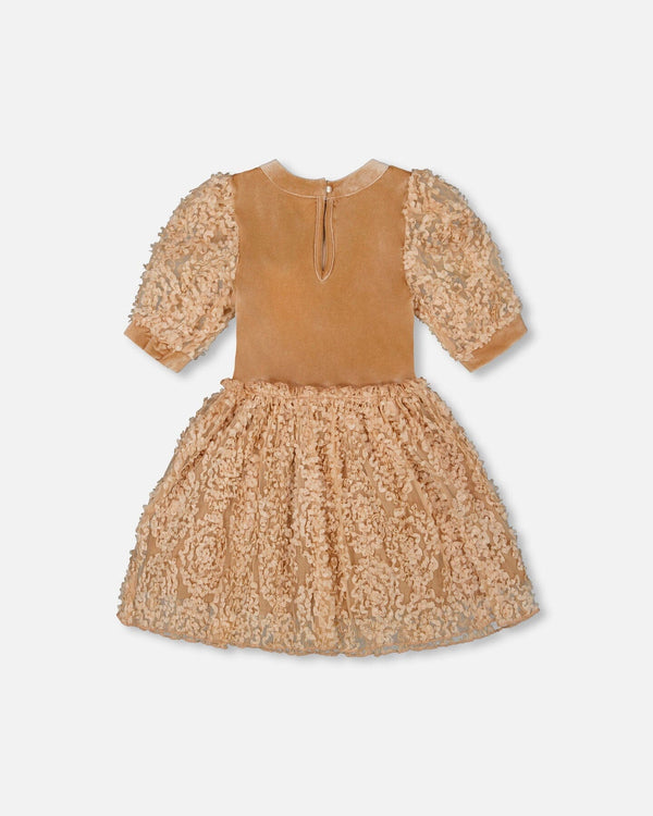 Puff Sleeve Bi-Material Velour And Lace Dress Light Caramel - H20Q89_116