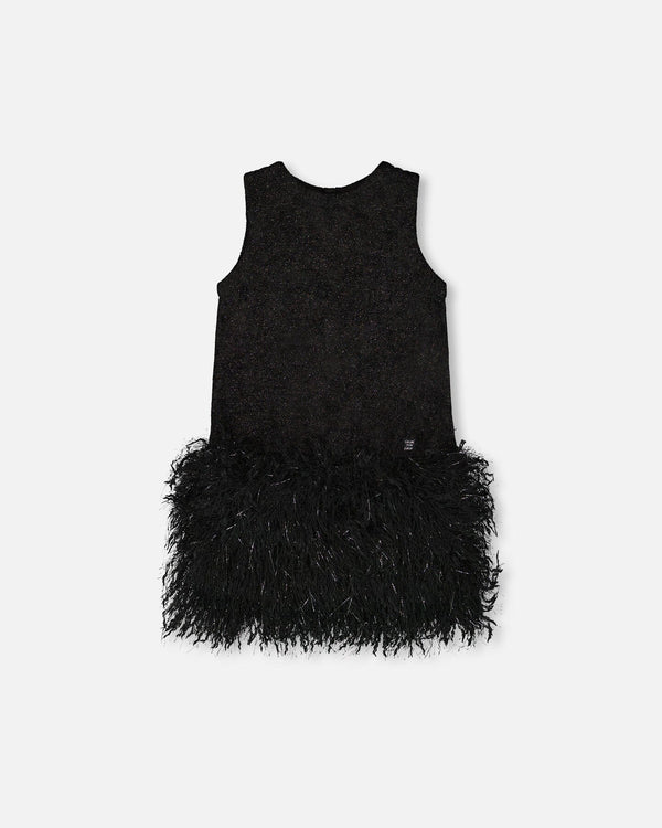 Sleeveless Bi-Material Lurex Dress With Feathers Black - H20Q93_999