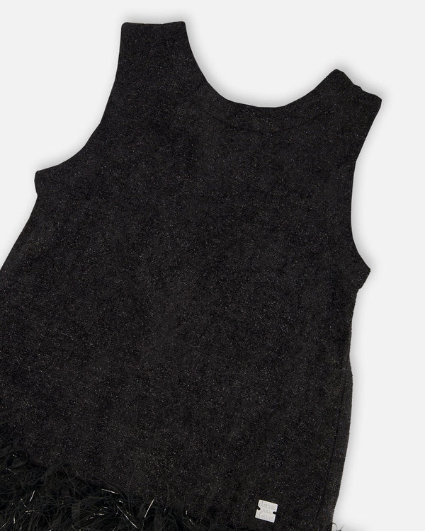 Sleeveless Bi-Material Lurex Dress With Feathers Black - H20Q93_999