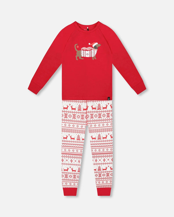 Organic Cotton Two-Piece Pajamas Red And White Fairisle - H20R10_089