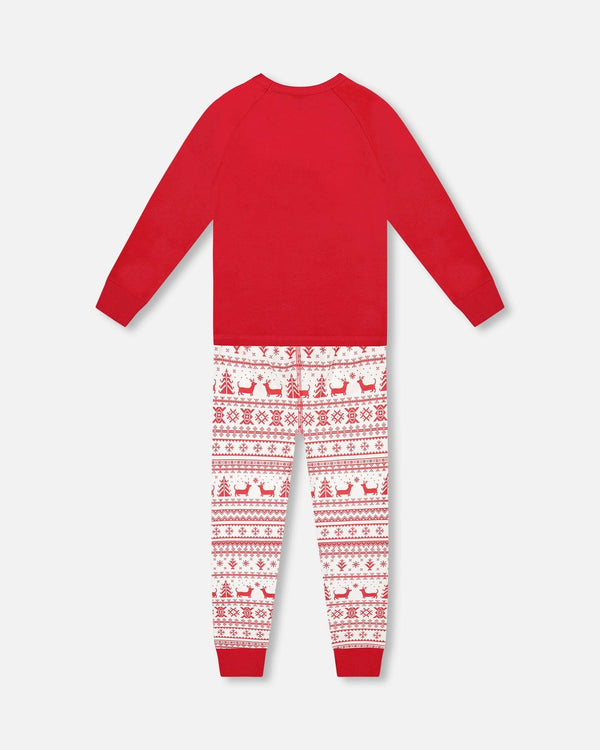 Organic Cotton Two-Piece Pajamas Red And White Fairisle - H20R10_089