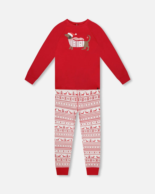 Adult Men Organic Cotton Two-Piece Pajama Set Red And White Fairisle - H20R13_089