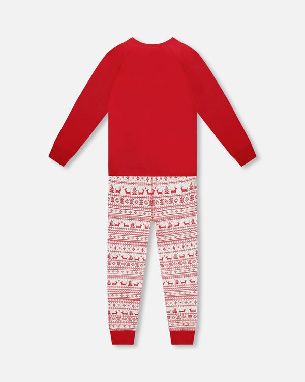 Adult Men Organic Cotton Two-Piece Pajama Set Red And White Fairisle - H20R13_089