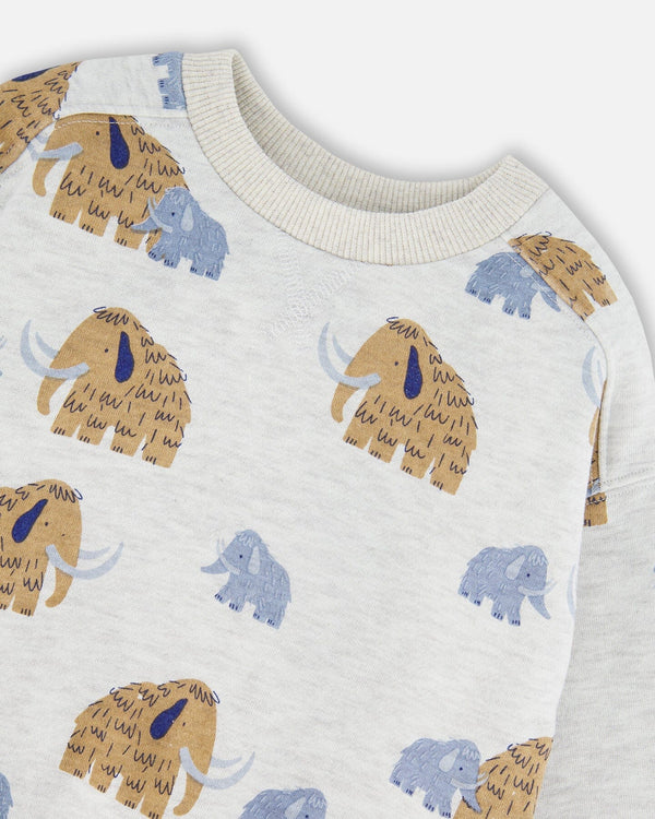 Long Sleeve Crew Neck Fleece Sweatshirt Beige Mammoth Print - H20S31_059
