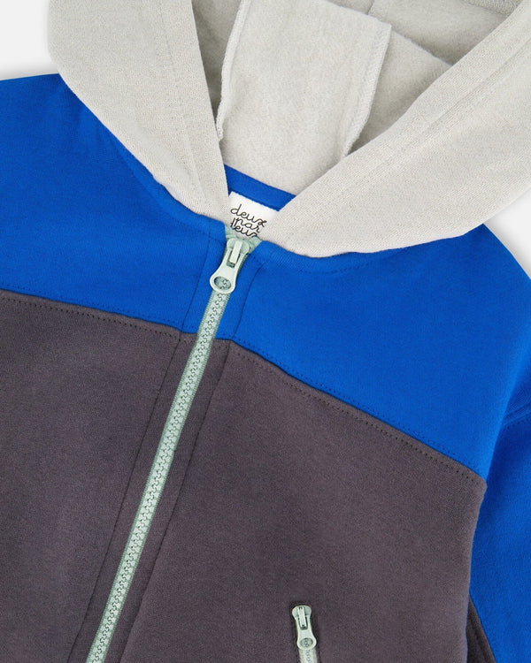 Color Blocked Zip Front Fleece Hoodie Dark Gray - H20T30_913