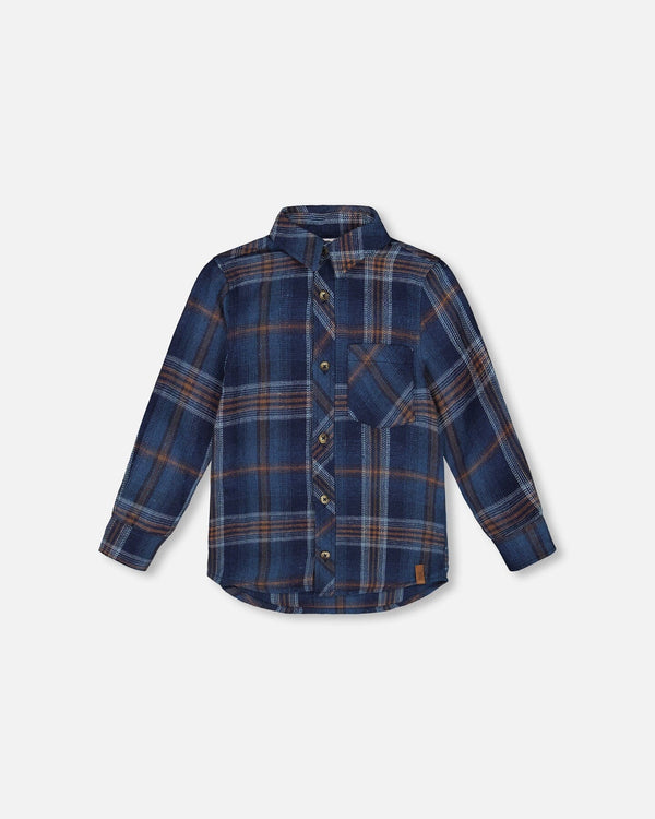 Long Sleeve Flannel Shirt Blue And Brown Plaid - H20U13_090