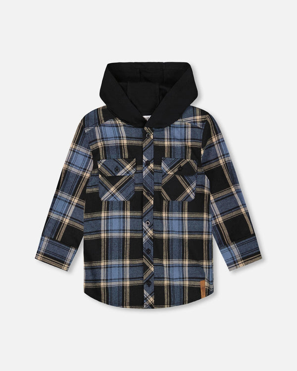 Long Sleeve Hooded Flannel Shirt Blue And Black - H20U14_000