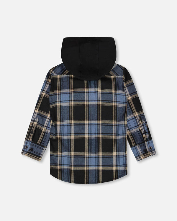 Long Sleeve Hooded Flannel Shirt Blue And Black - H20U14_000