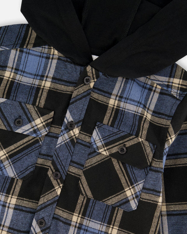 Long Sleeve Hooded Flannel Shirt Blue And Black - H20U14_000
