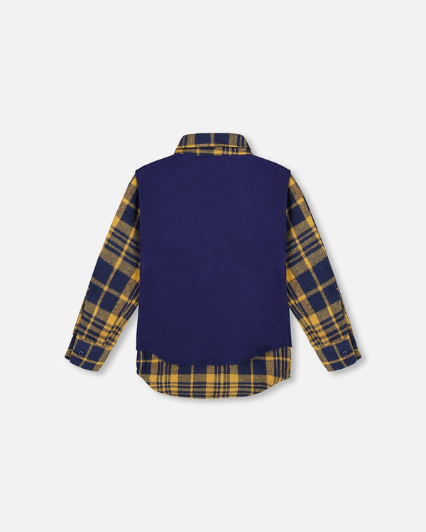 Long Sleeve Plaid Flannel Shirt With Solid Vest Blue And Ocher - H20U15_000