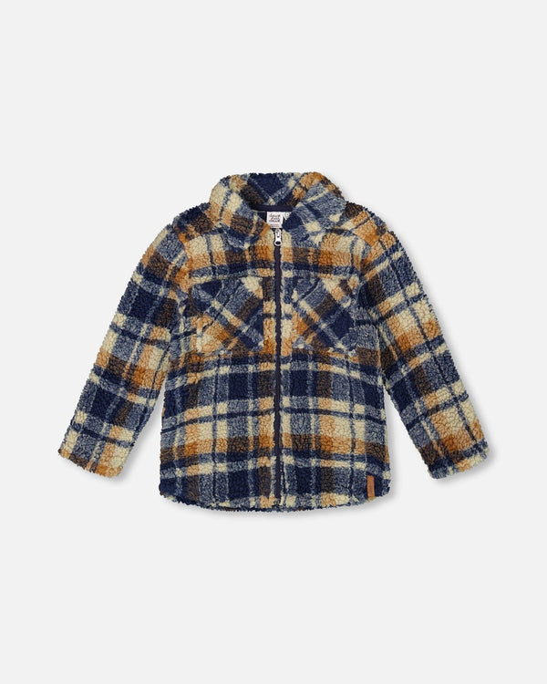 Sherpa Long Sleeve Zip Front Overshirt Blue And Brown Plaid - H20U17_086
