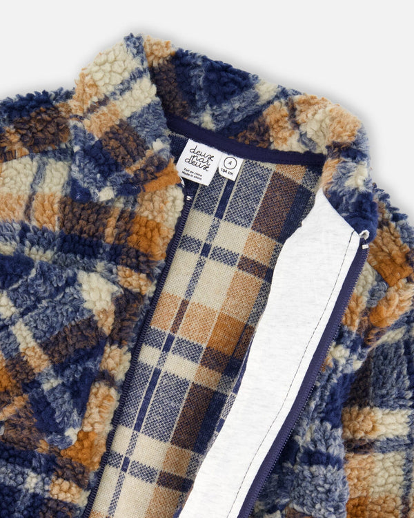 Sherpa Long Sleeve Zip Front Overshirt Blue And Brown Plaid - H20U17_086