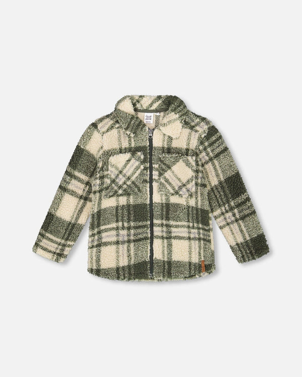 Sherpa Long Sleeve Zip Front Overshirt Sage And Beige Plaid - H20U17_087