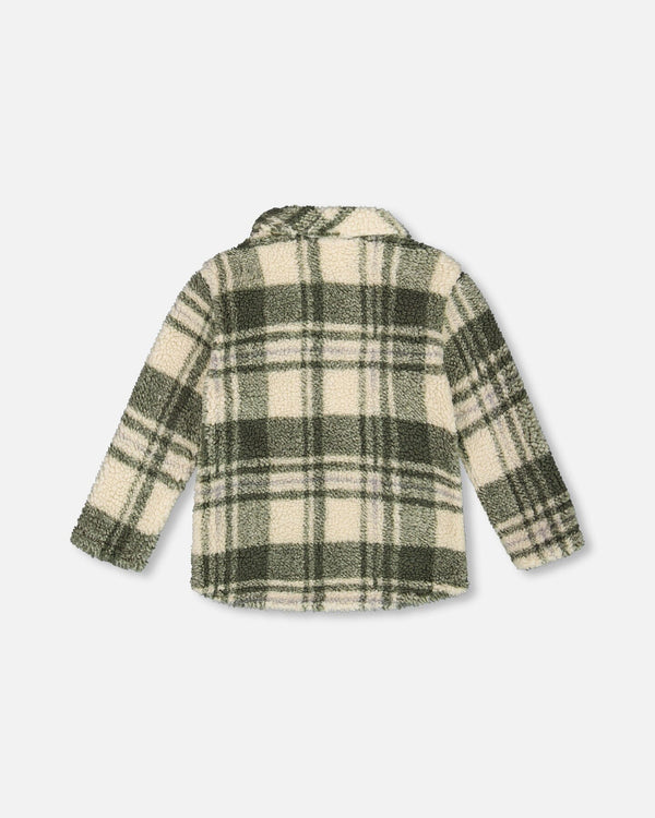 Sherpa Long Sleeve Zip Front Overshirt Sage And Beige Plaid - H20U17_087