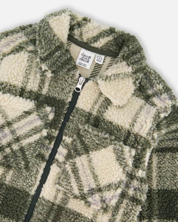 Sherpa Long Sleeve Zip Front Overshirt Sage And Beige Plaid - H20U17_087