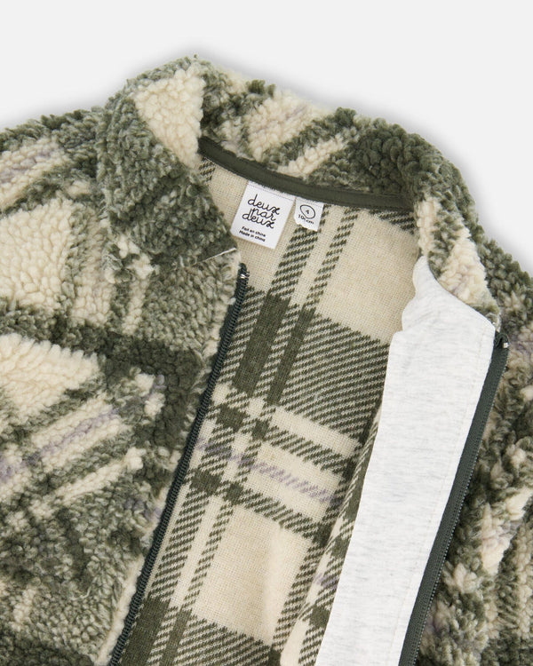 Sherpa Long Sleeve Zip Front Overshirt Sage And Beige Plaid - H20U17_087