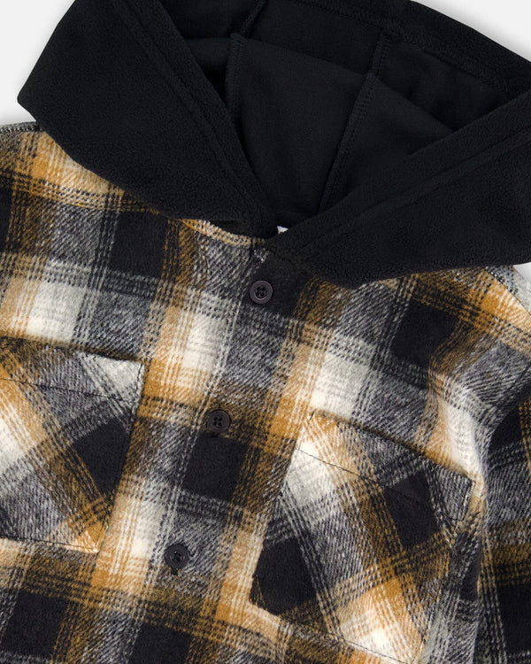 Hooded Polar Fleece Overshirt With Hood Black And Brown Plaid - H20U19_000